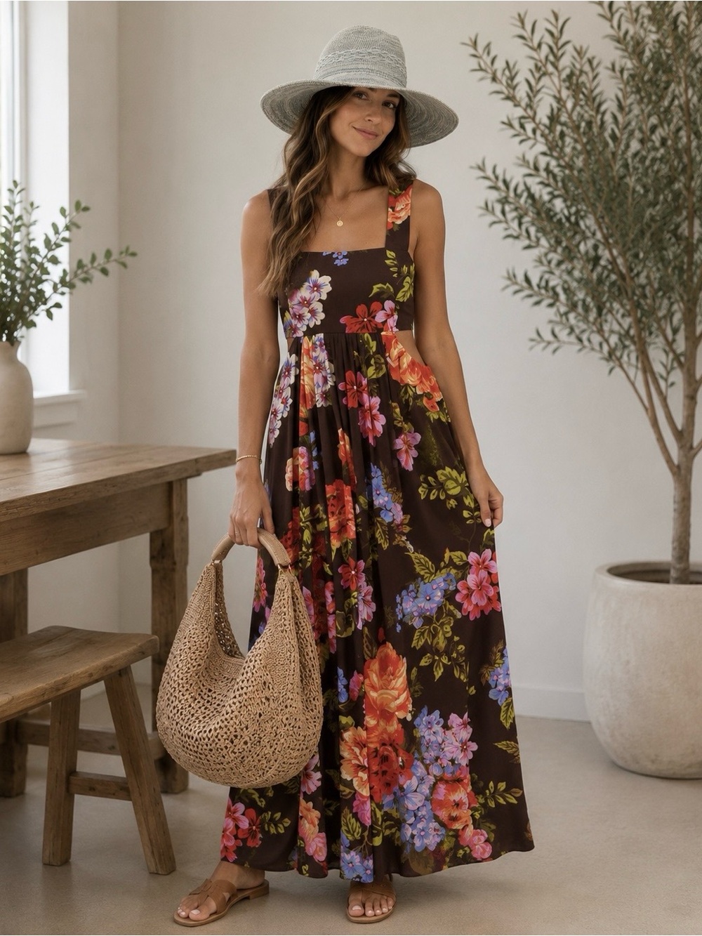 Anthropologie The Piper Maxi Dress Brown Floral Side Cutout Boho Medium